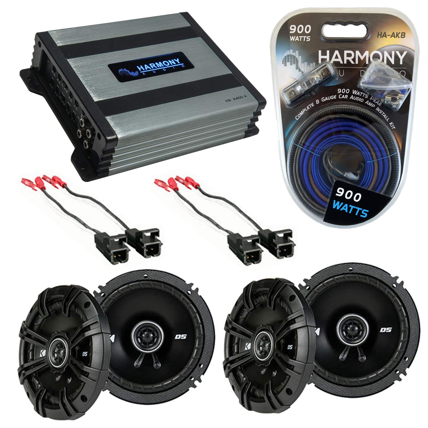 Harmony Audio Bundle with Kicker (2) DSC65 Speaker Replacement & Harmony HA-A400.4 Amp Compatible with Chevy Trailblazer 2002-2009