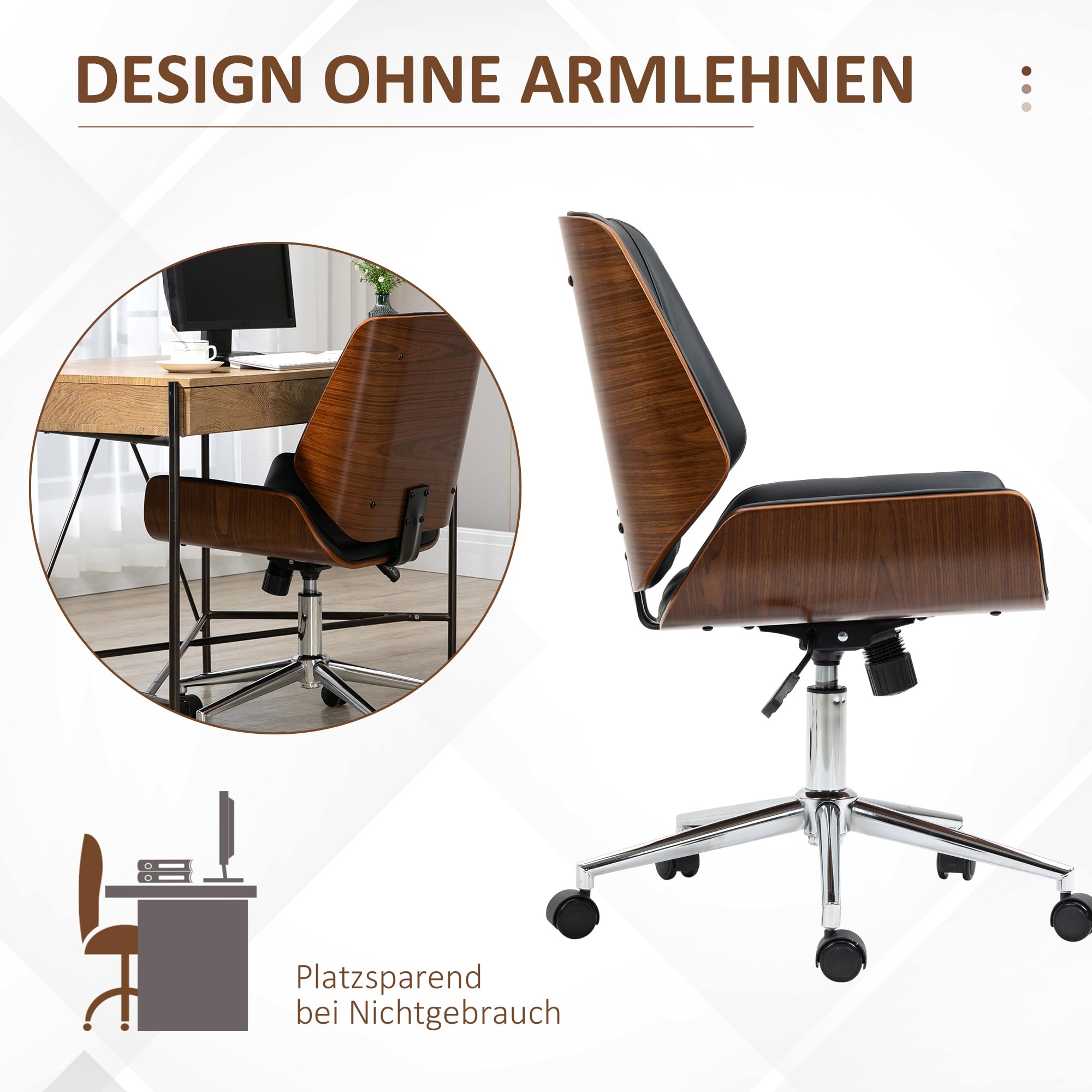 Vinsetto Bürostuhl Ergonomischer Drehstuhl mit Wippfunktion Schwarz | Höhenverstellbar, Kunstleder, Gepolstert, Computerstuhl, Schreibtischstuhl