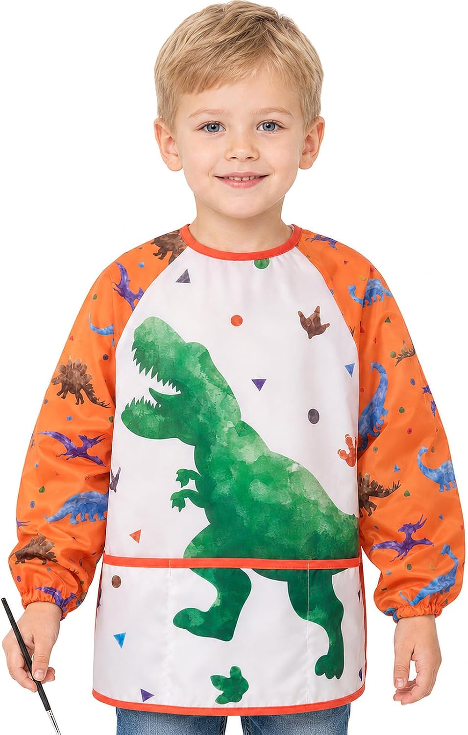 WERNNSAI Kids Toddler Art Smock with Long Sleeve and 3 Pockets for Age 3-12, Kids Painting Apron for Cooking