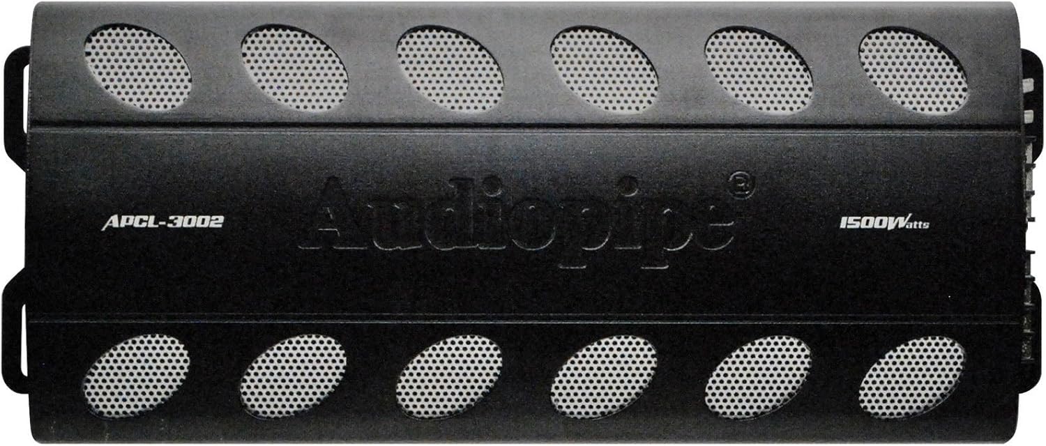 Top view of Audiopipe APCL3002 amplifier showing cooling vents and branding.