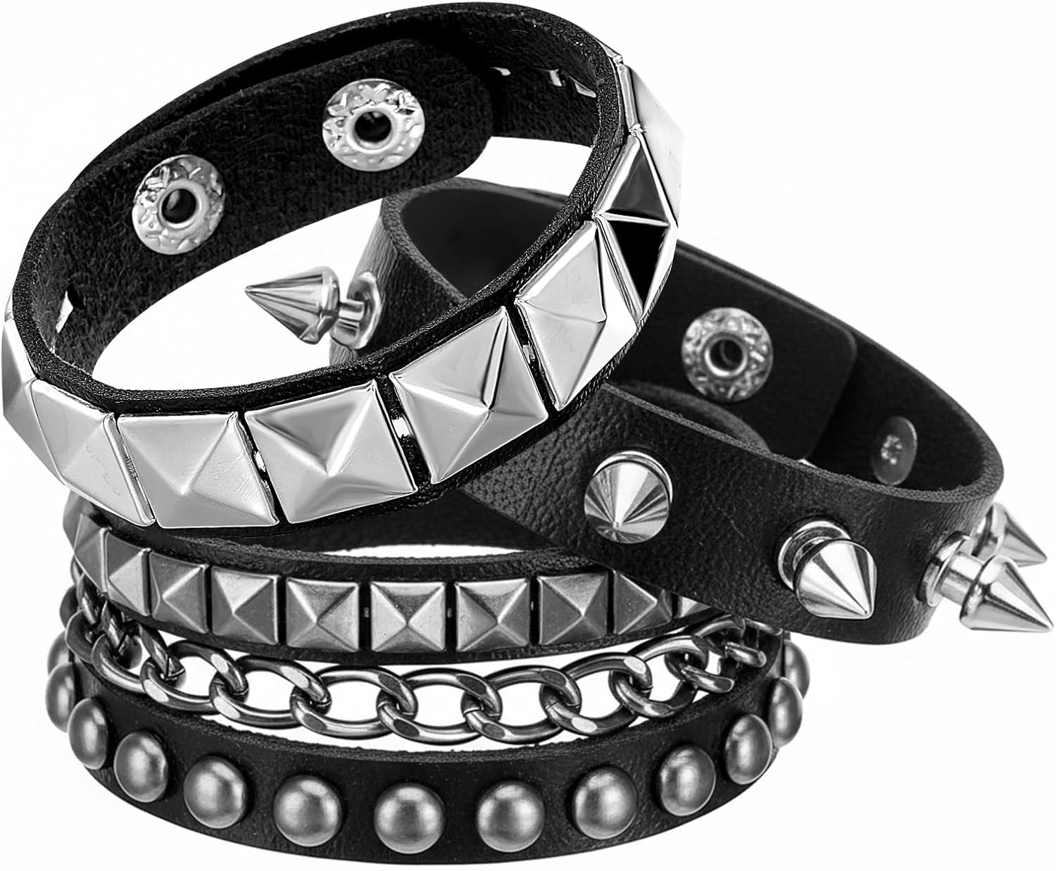 Grevosea 3 Pcs Spiked Bracelets, Punk Studded Bracelet Adjustable Leather Cuff Bracelet for Men Women 80s 90s Emo Jewelry Halloween Goth Accessories