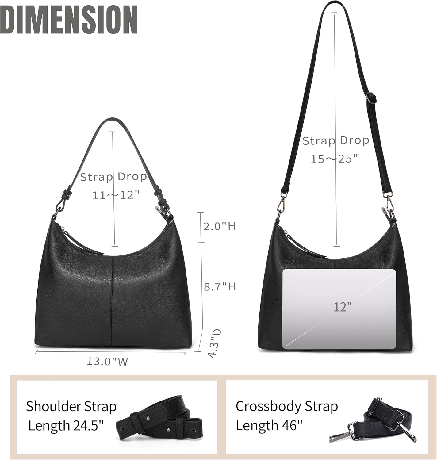 Shoulder Bag for Women Genuine Leather Purses Black Work Casual Hobo Crossbody Bag with Two Adjustable Straps - Image 3