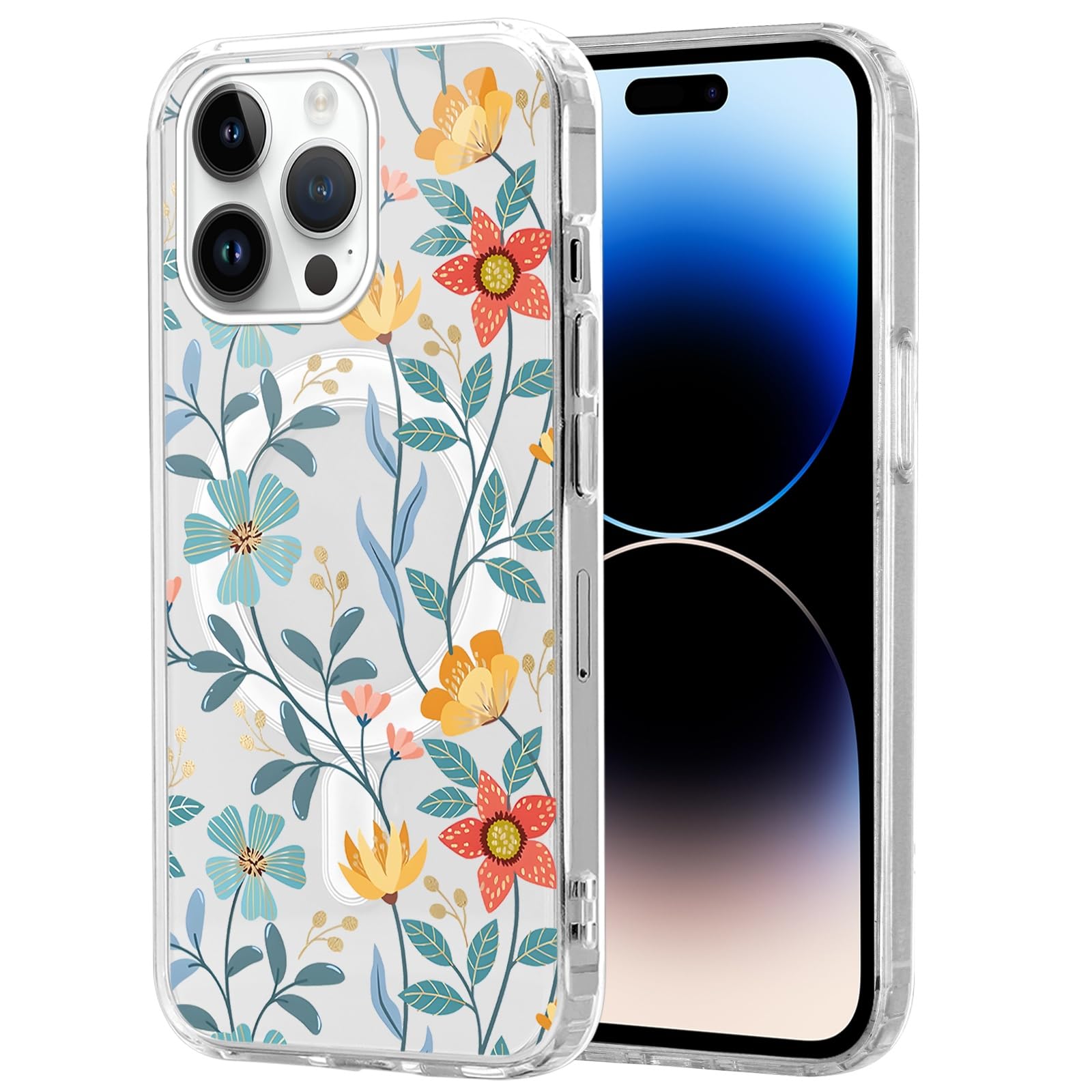 Zrutru Magnetic Case for iPhone 16 Pro Case Floral [Compatible with MagSafe] Cute Clear Flower Pattern Print Design Protective Phone Case, Elegant