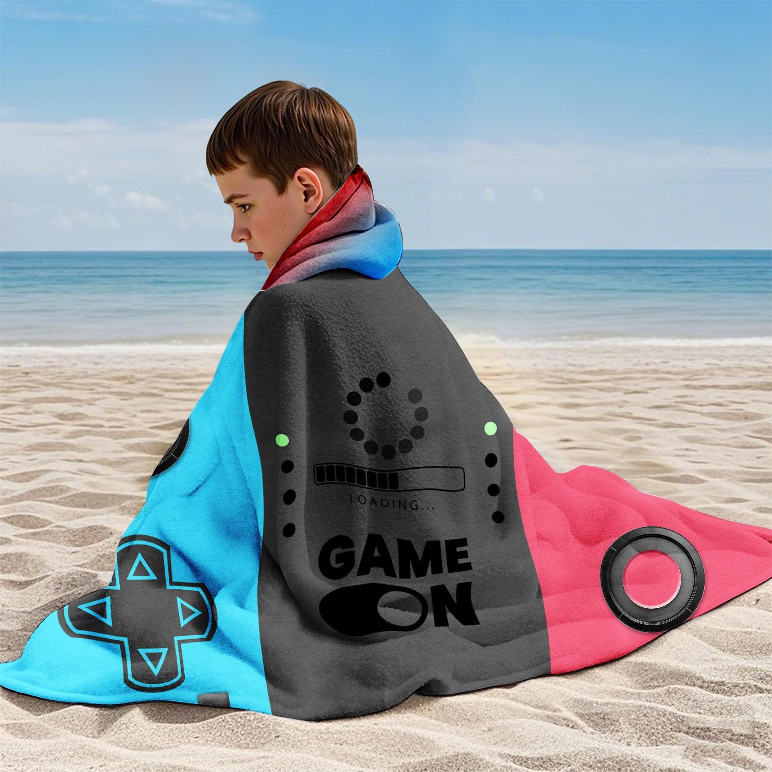 Large Gaming Beach Towels for Boys Hooded Bath Towels for Kids Ages 7-10,Gamer Kids Hooded Bath Towels Wrap for Toddler 35x60 inch Red Blue Video Games for Kids Towels for Beach Pool Swim
