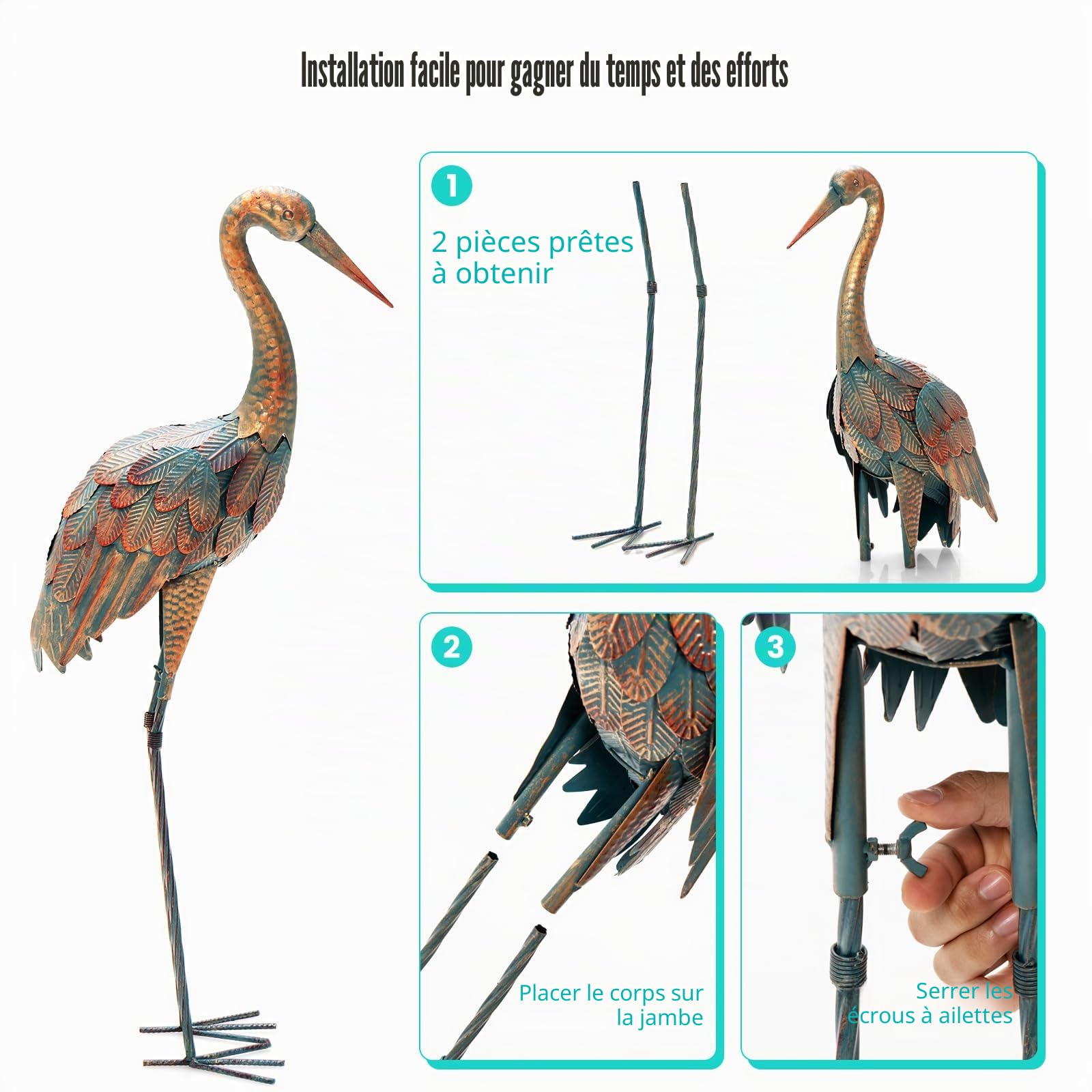 SOARS Statues de jardin en set de 2, décoration de grue en métal, décoration de jardin pour l'extérieur, sculptures en plein air, pour la maison, terrasse, arrière-cour et pelouse (grue)