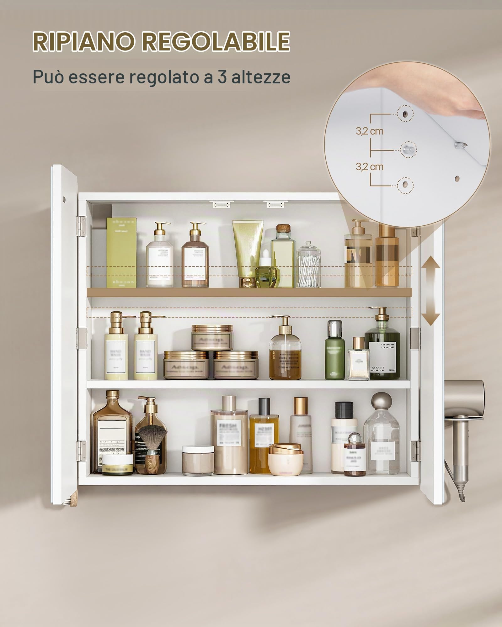 Hzuaneri Specchio Bagno Contenitore, due ante, 16,5 x 70 x 60 cm, Bianco | Mobile Bagno con Illuminazione a LED, 3 Temperature Colore Dimmerabili, Ripiano Regolabile, MC30203XEU