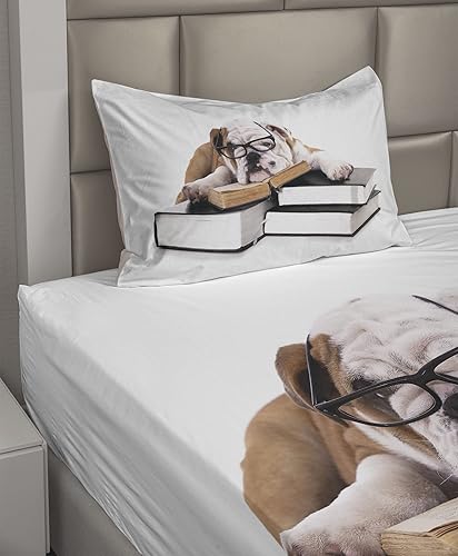 Miniatura 2 de Ambesonne Juego de sábanas de bulldog inglés, Bulldog de raza pura con gafas y libros, animal trabajador, sábana bajera y encimera con funda de