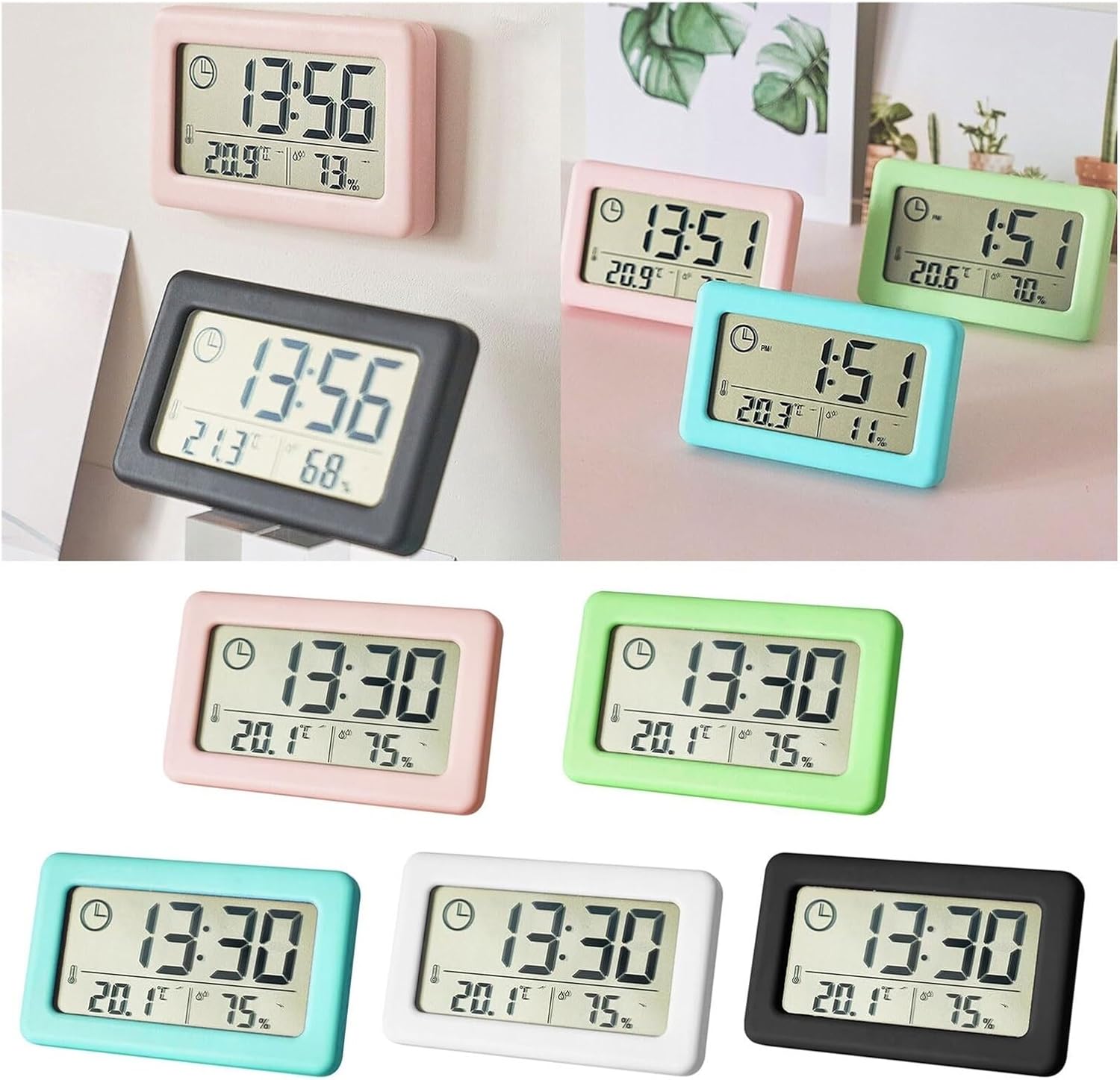 Thin Digital Clock with Temperature and Humidity Display, Large LCD Screen for Bedroom Office (A)