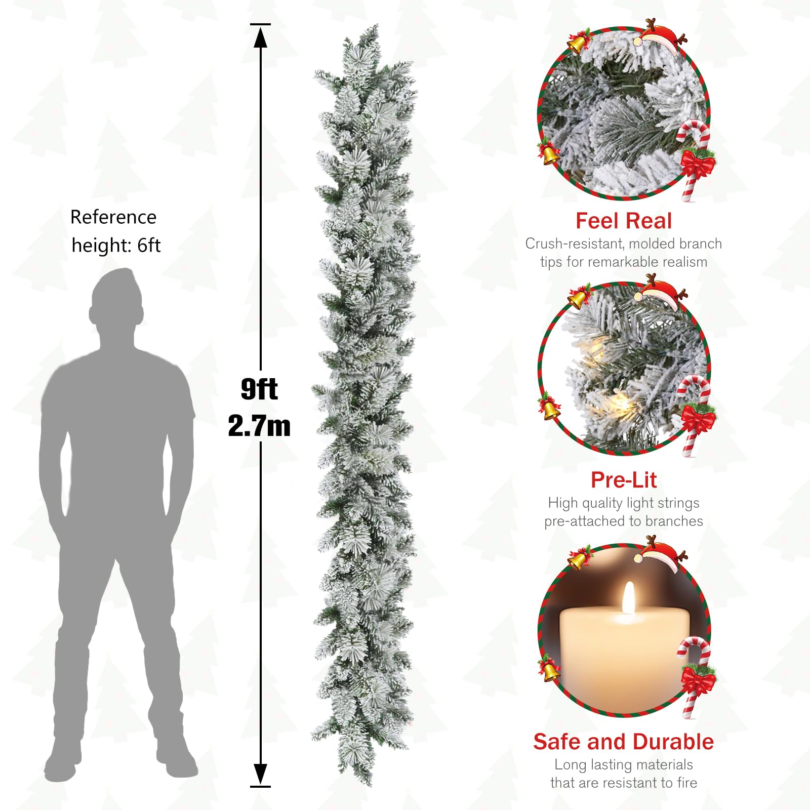 KOIUEYW Guirlande de Noël artificielle à paillettes avec LED chaudes pour cheminée, escaliers, décoration de fête en plein air, neige floquée - 2,7 m