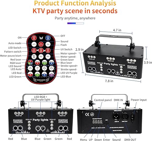 Miniatura 6 de Proffessional - Luces de DJ para fiesta, 21 lentes RGB UV, luz estroboscópica para escenario, soporte interior DMX 512 activado por sonido con