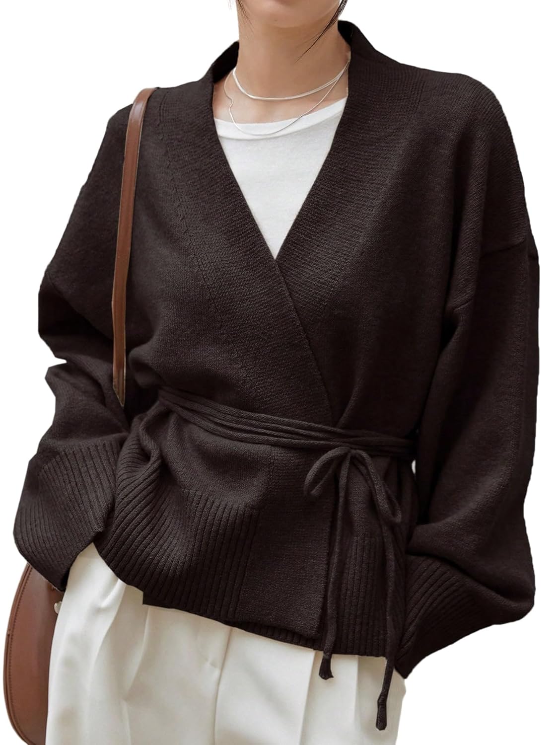 WDIRARA Womens Wrap V Neck Long Sleeve Tie Front Belted Cardigan Casual Sweater