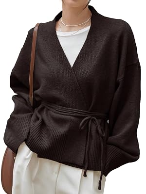 WDIRARA Womens Wrap V Neck Long Sleeve Tie Front Belted Cardigan Casual Sweater