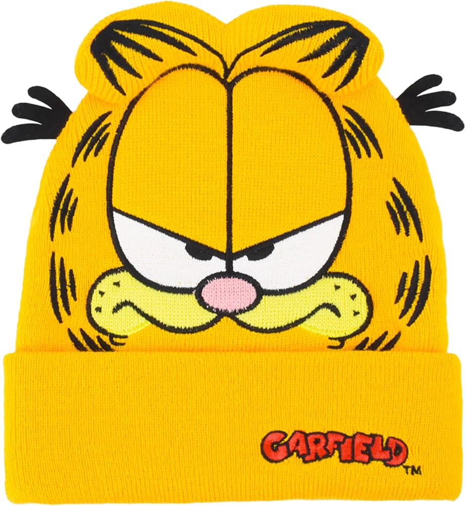 Garfield Beanie Hat, Winter Knit Cap with 3D Ears and Whiskers