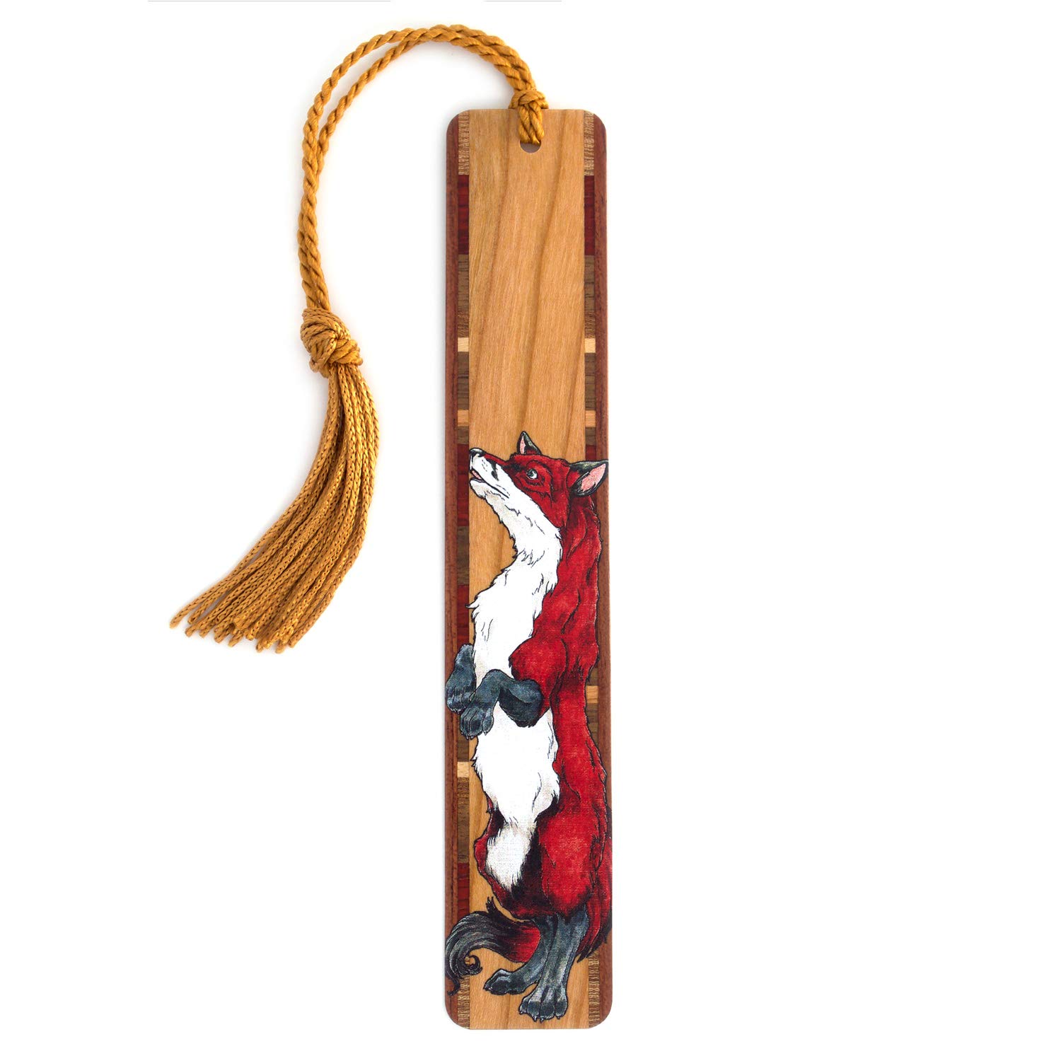 MitercraftFox - Artwork by Kathleen Barsness - Handmade Wooden Bookmark with Tassel - Search B0799RN9L6 to See Personalized Version