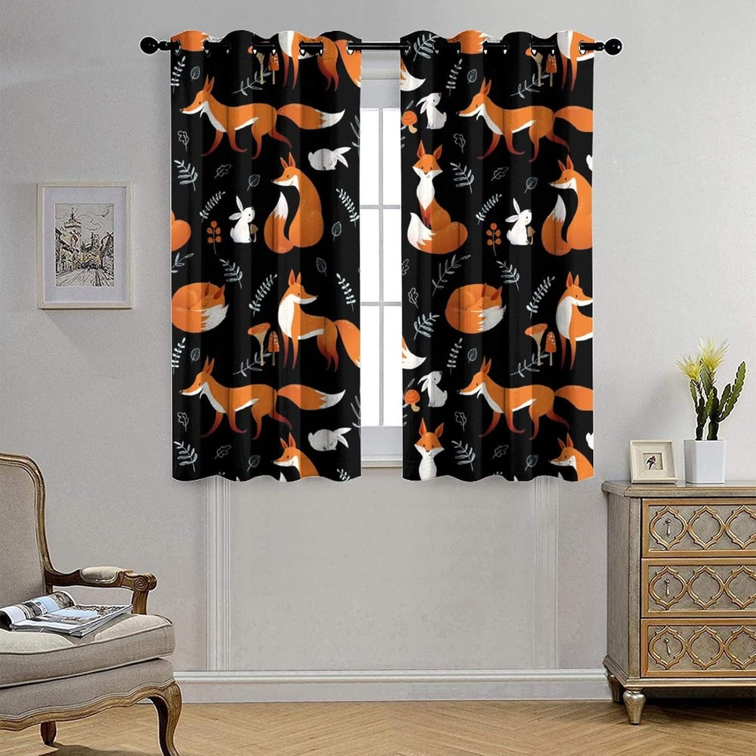 Rustic Woodland Animal Fox Blackout Curtains for Bedroom,Funny Cute Cartoon Forest Animal Fox Leaves Print Grommet Thermal Insulated Room Darkening Curtains Window Drapes 2 Panels 45L x 21W