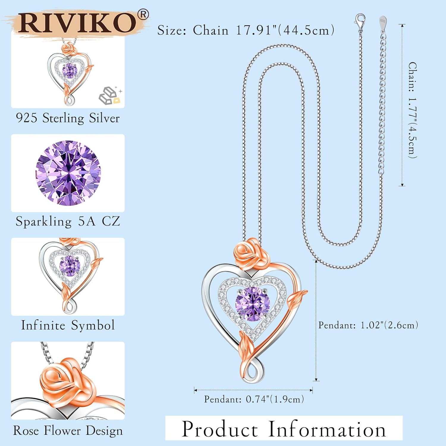 RIVIKO Infinity Heart Symbol Rose Birthstone Necklace for Women,925 Sterling Silver Heart Pendant Necklaces,Anniversary Valentines Jewelry Birthday Mothers Day Gifts for Mom Her Wife Women Girlfriend - Image 5