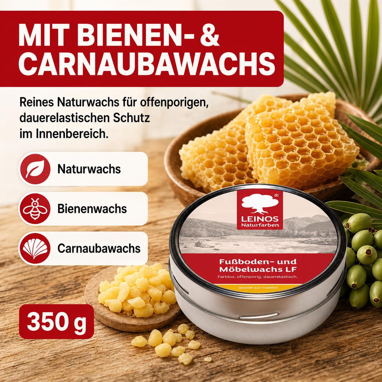 LEINOS Fußboden- & Möbelwachs LF 310 | 350 gramm Natürliches Hartwachs für Innenbereiche | Atmungsaktiver Schutz für Holz, Kork, Tonfliesen | Reines Naturwachs mit Bienen- & Carnaubawachs