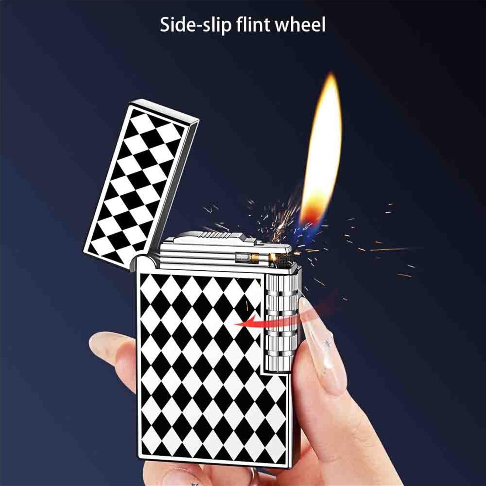 Mechero retro de metal abatible, diseño de llama en ángulo, rueda de molienda lateral de acero, relleno de gas para camping y uso de velas