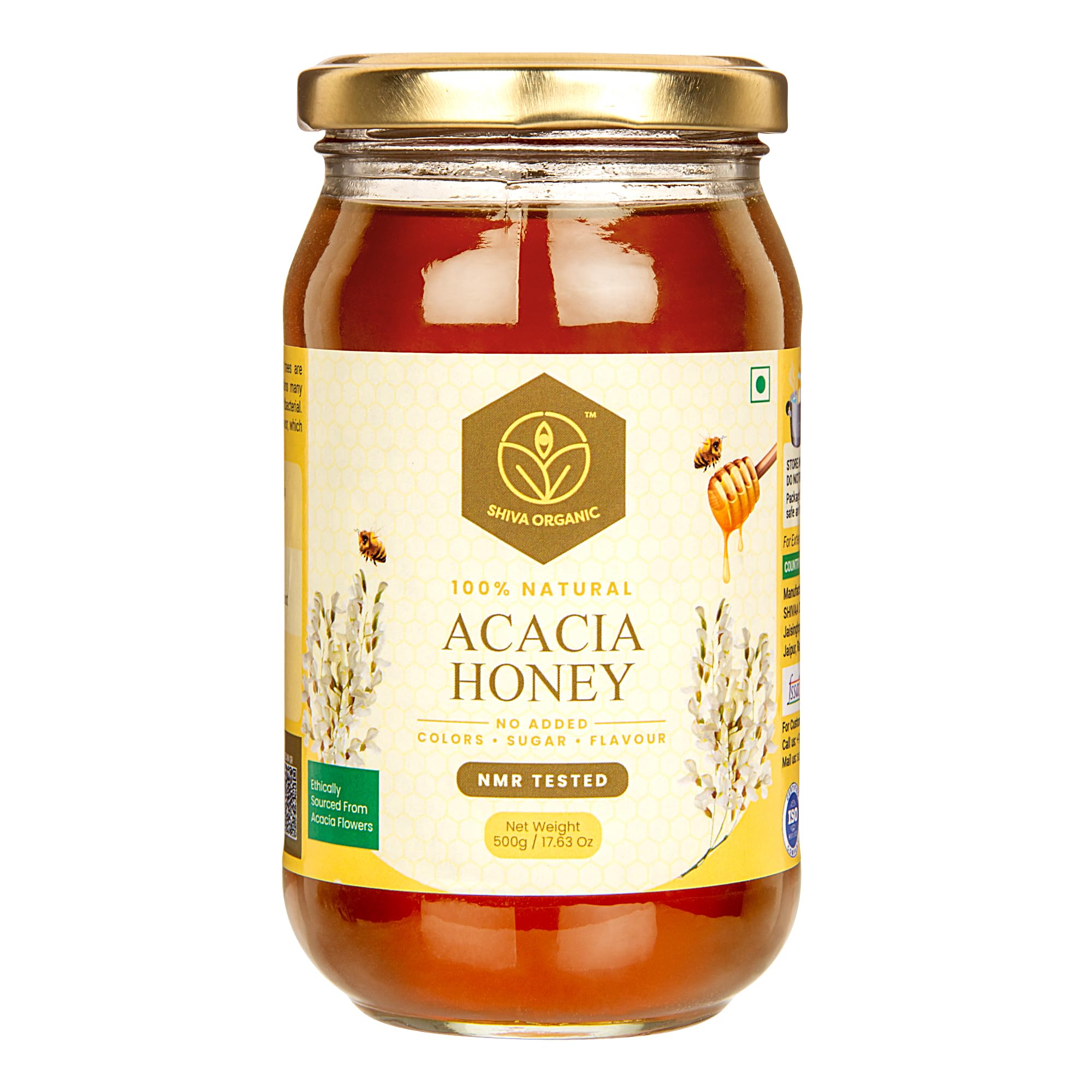 Shiva Organic's Acacia Flower Nectar Honey - NMR Tested, Natural Honey, No Added Sugar, Flavorful - 500g (17.63 Ounce)