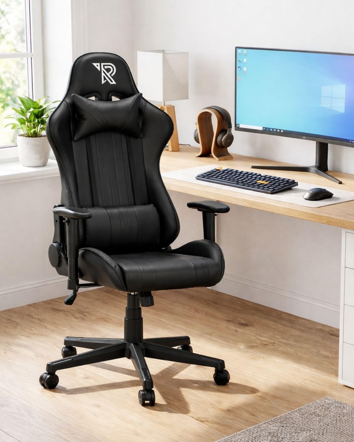 Felix Sedia Da Gaming Ergonomica Stile Racing Con Schienale Alto Per Persone Alte, Materiali Resistenti, Base In Nylon, Supporti Lombare E Cervicale Regolabili, Cuscini Inclusi, Nero