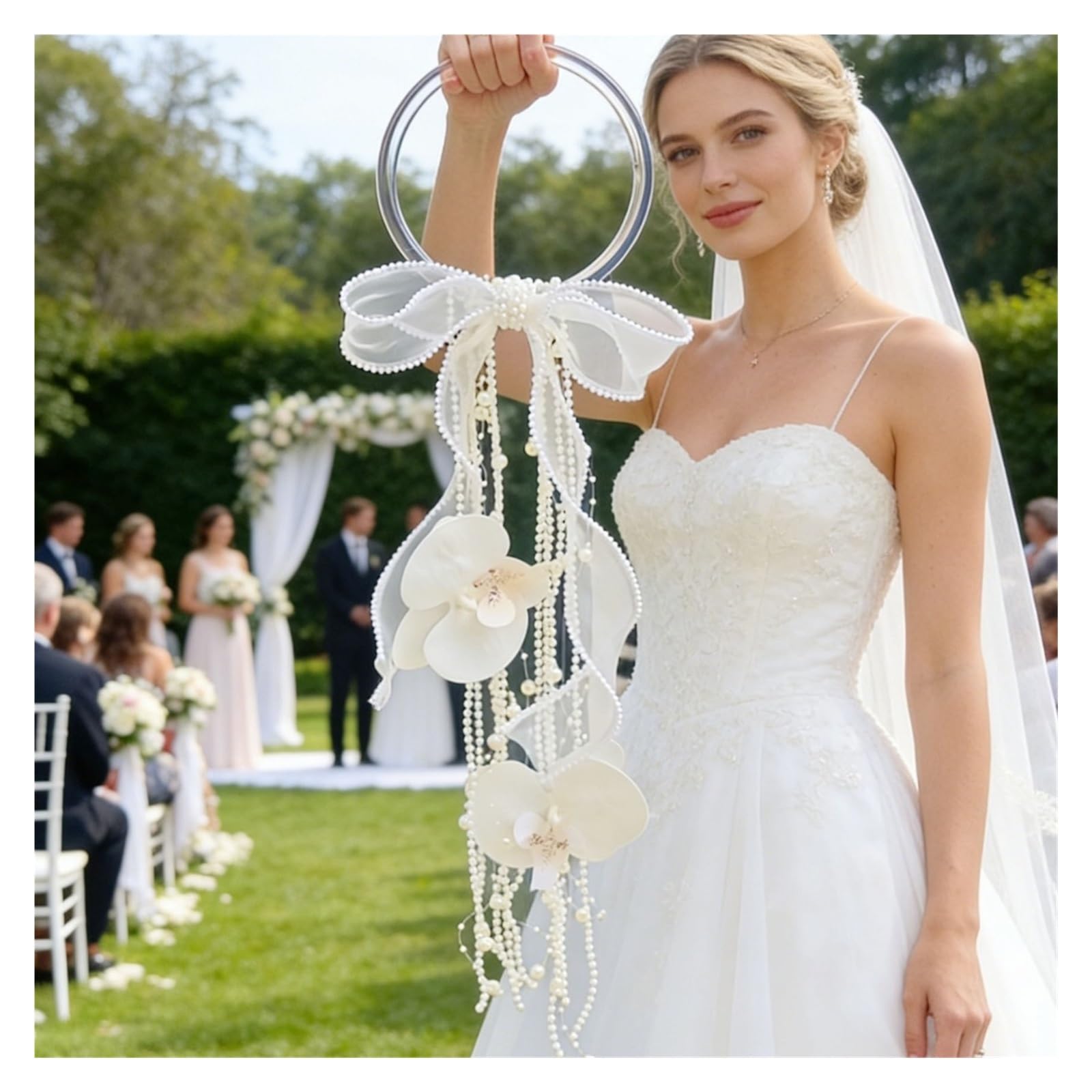 Gijmzy White4 Butterfly Orchid Pearl Tassel Bridal Bouquet