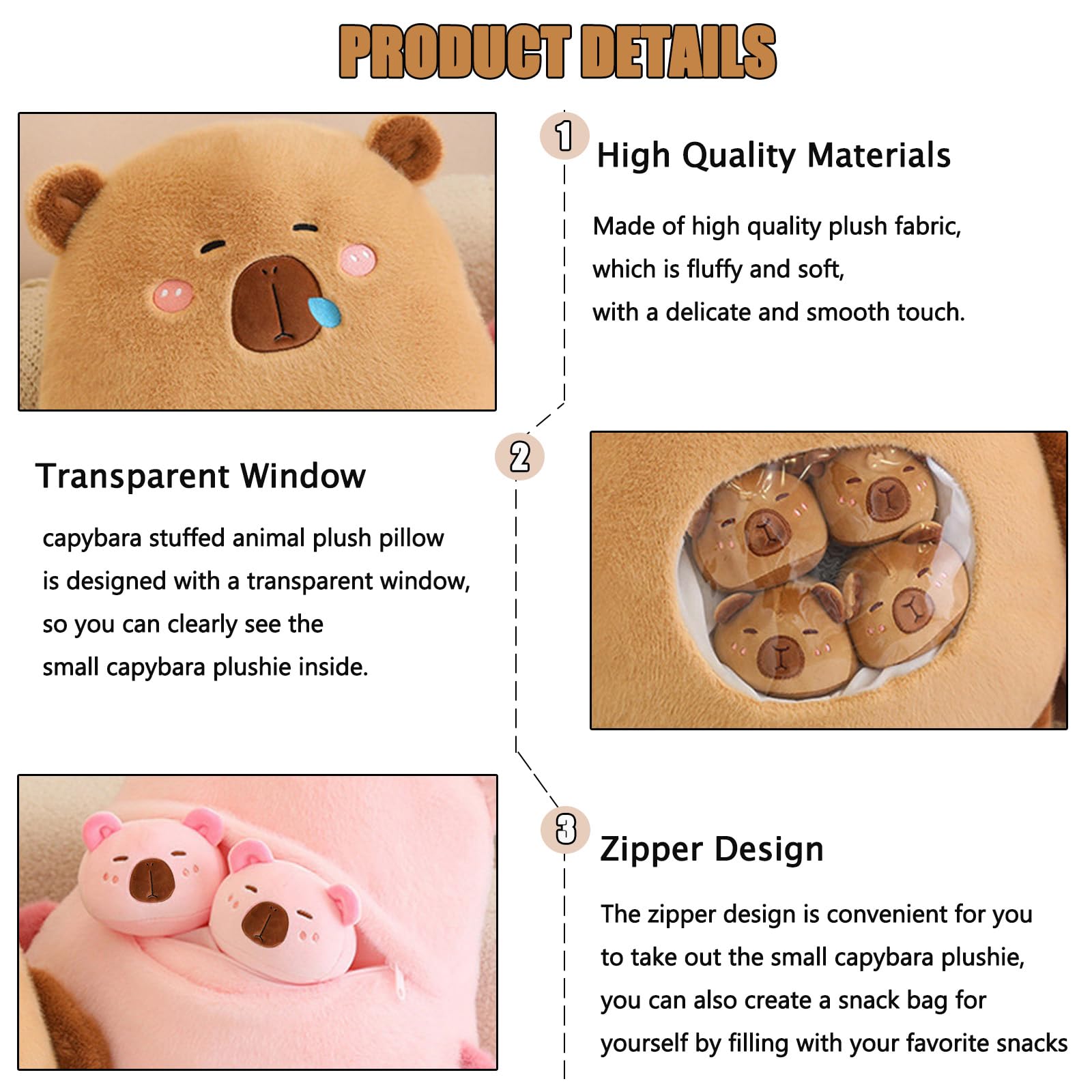 Capybara Plüsch mit 6 Niedlichen Babies, Stofftiere, Tasche mit Tier Snack Kissen, Super Soft Puppe Kissen für Baby Jungen Mädchen Spielzeug (Braun)