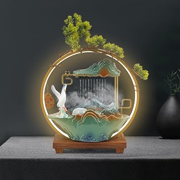 Water Fall Fountains Indoor with Lamp Rings Mist Tabletop Water Fountain Tabletop Fountain Indoor Zen Water Fountain Indoor Water Fountains for Office, Living Room, Bedroom Crane B