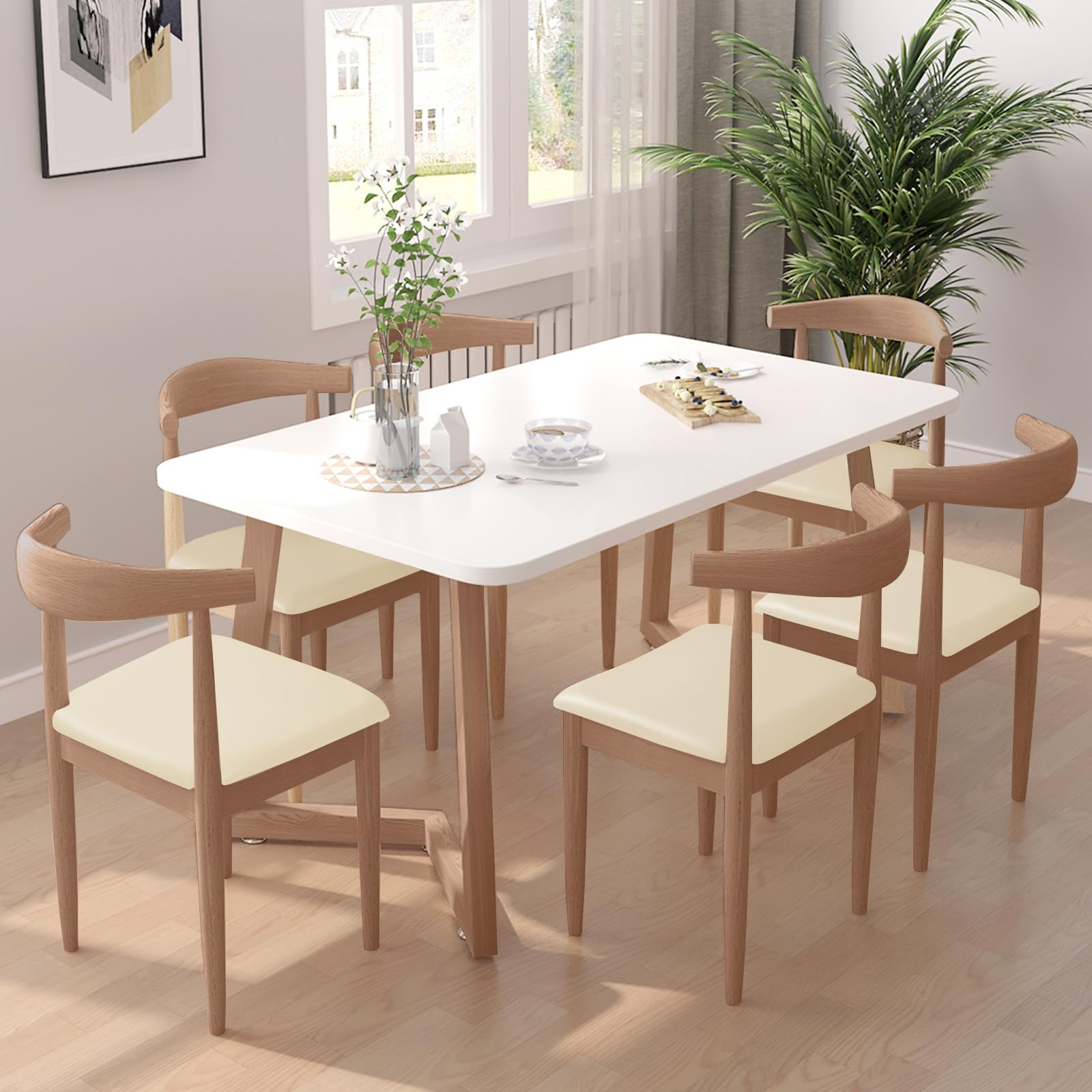 Alishomtll Leather Dining Chair Covers Set of 4/6 PU Chair Seat Slipcovers Waterproof Chair Covers Removable Seat Covers with Fixing Buckle for Dining Room Kitchen Garden Office (Beige - Image 2