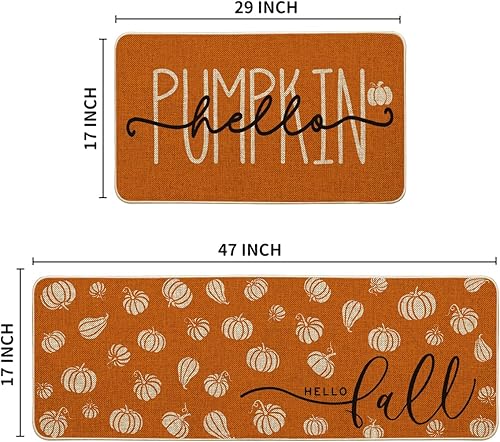 Miniatura 3 de Artoid Mode Juego de 2 tapetes de cocina de otoño con texto en inglés "Hello Pumpkin", color naranja, decoración del hogar, alfombras de cocina de