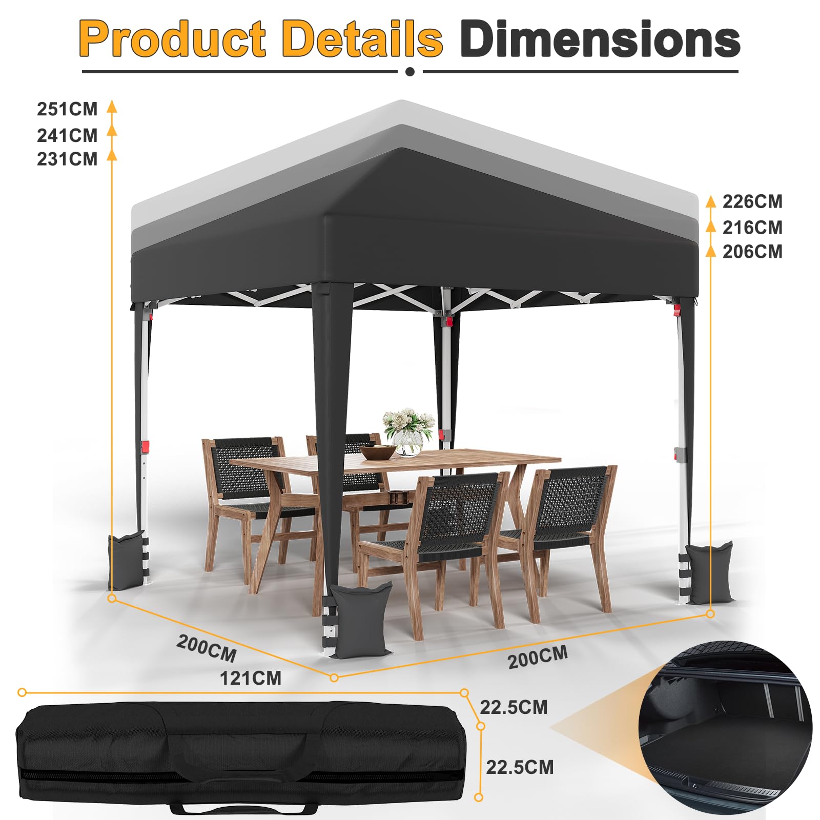 JUMMICO Gazebo Pieghevole 2x2 Piegatura e Riposizione Facili Protezione Anti-UV Altezza Regolabile Impermeabile e Stabile Ideale per Giardino, Campeggio, Feste e Altro Ancora Grigio