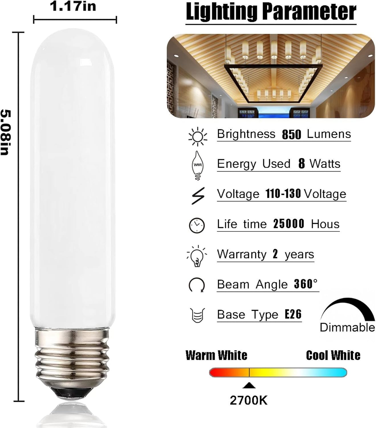 XININSUN T10 Frosted LED Bulbs Warm White 2700K,Dimmable T10 led Light Bulbs,60-75 Watt Equivalent,8W Led Tubular Bulbs,E26 Base Bulb for Desk Lamp,Bathroom,Cabinet Display,Milk White-6Pack