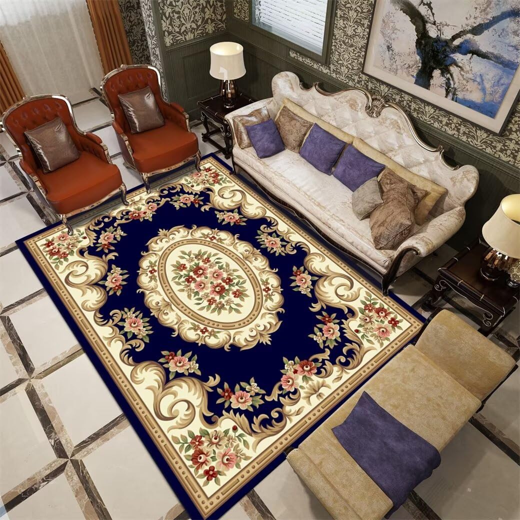 Tapis de couloir long doux et antidérapant au motif floral bleu vintage