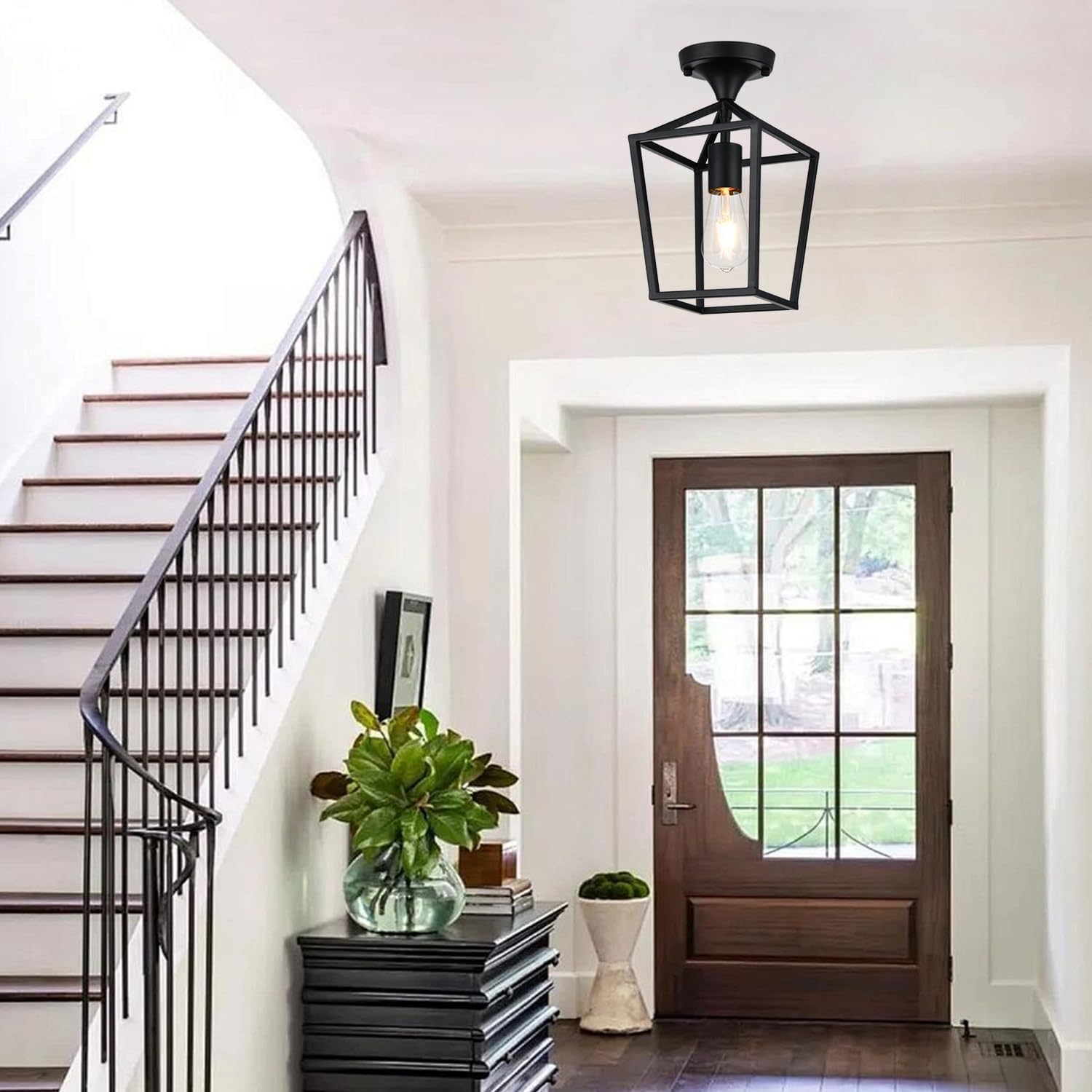 【Upgraded】Semi Flush Mount Ceiling Light, Black Industrial Ceiling Light Fixtures, Farmhouse Light Fixture for Hallway Stairway Garage Living Room Dining Room Balcony（Not waterproof, Not for Outdoor）