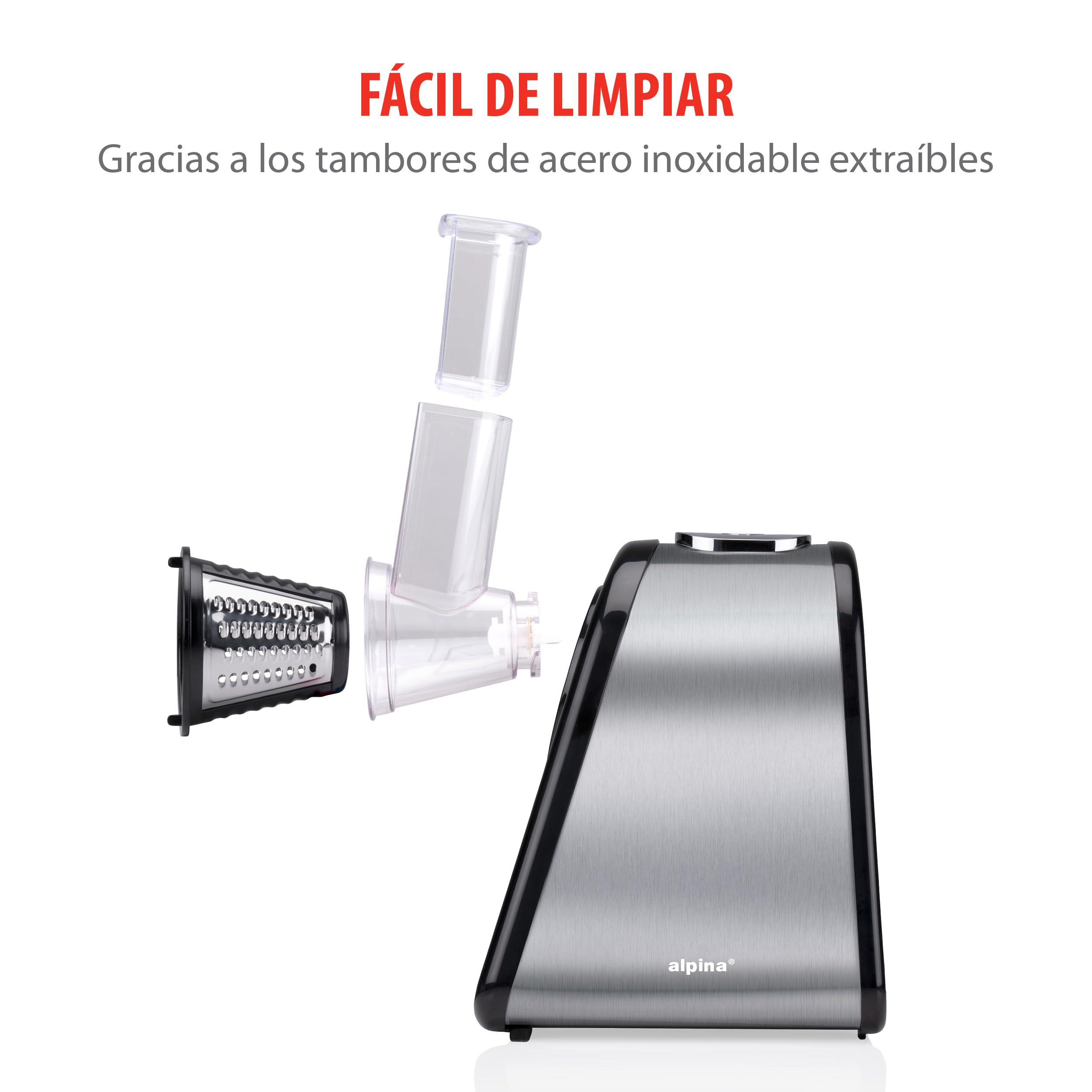 alpina Rallador de Verduras Electrico - Mandolina Electrico - Molinex con 4 Cuchillas de Tambor de Acero Inoxidable - Cortador de Verduras Multifuncional - Picadora de Verduras
