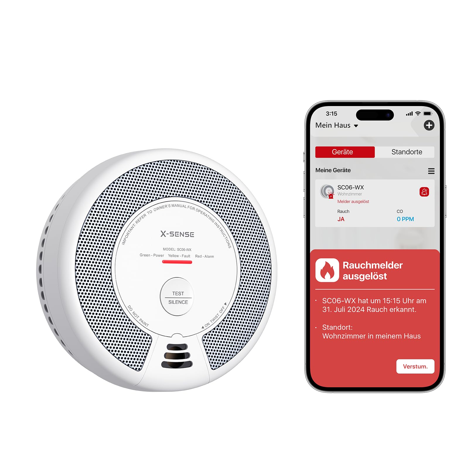 X-Sense Rauch- und Kohlenmonoxid Melder mit WLAN und austauschbarer Batterie, 2-in-1 Rauchmelder, intelligenter kombinierter Rauchmelder, kompatibel mit X-Sense Home Security App, SC06-WX, 1 Stück
