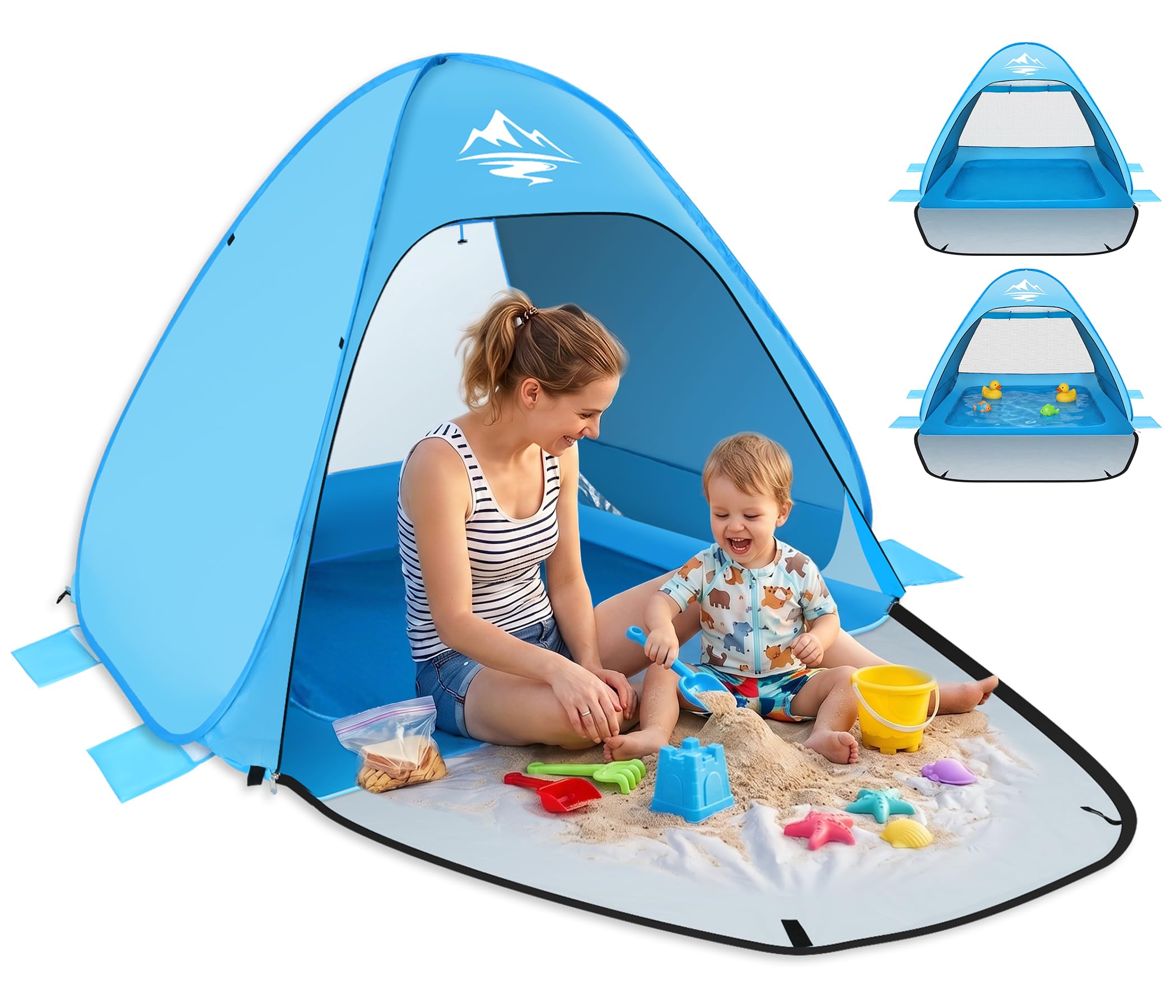 MAXDONE Strandmuschel Pop Up Strandzelt mit Pool, Automatisches Strand Camping Zelt, UV-Schutz 50+, für 2-3 Personen, Tragbar Extra Light Strandzelt für Familien Strand Camping Garten mit Tragetasche