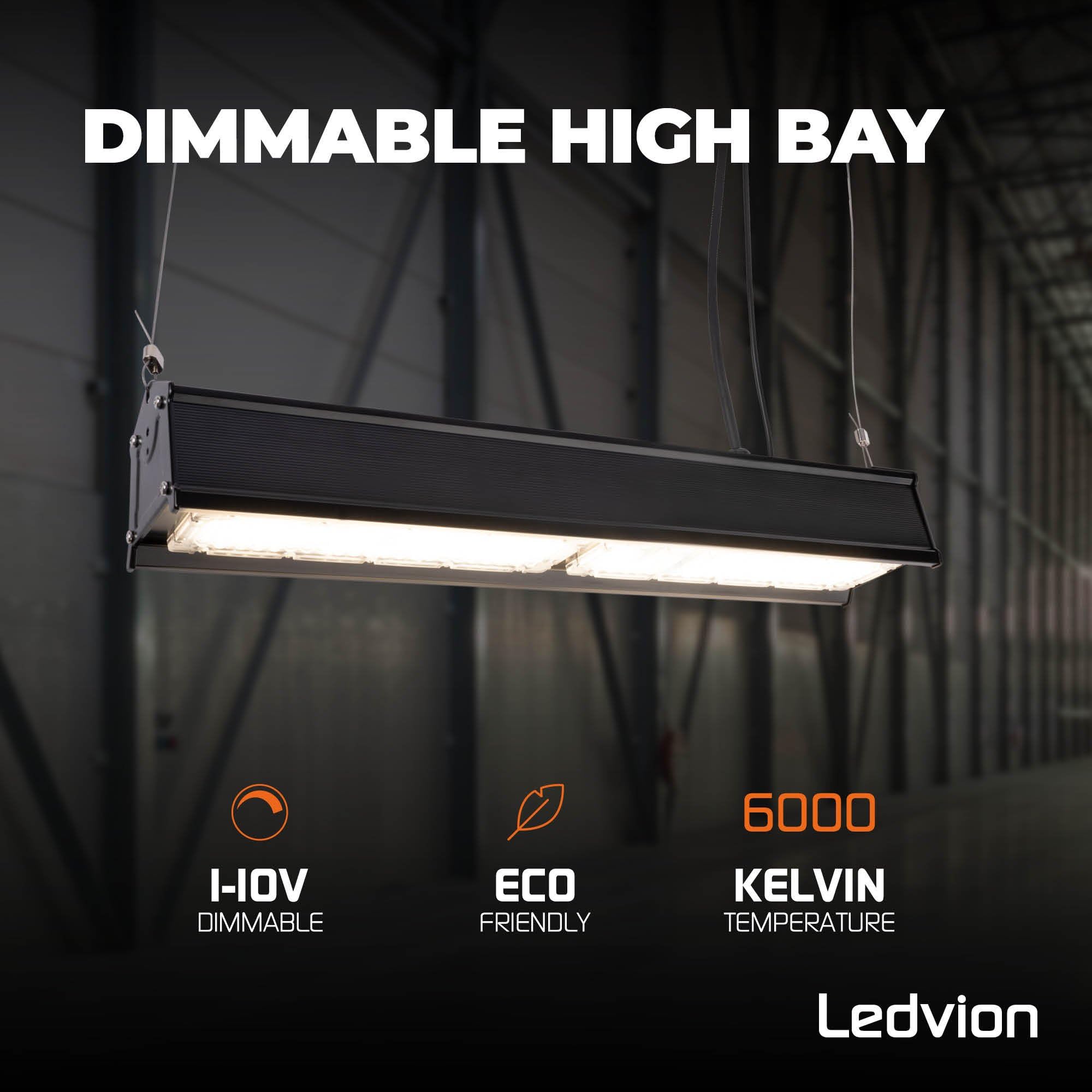 Ledvion - LED Lineal High Bay 100W (6000K, 175lm/W, regulable, IP65), 5 Años de Garantía, Eficiencia Energética