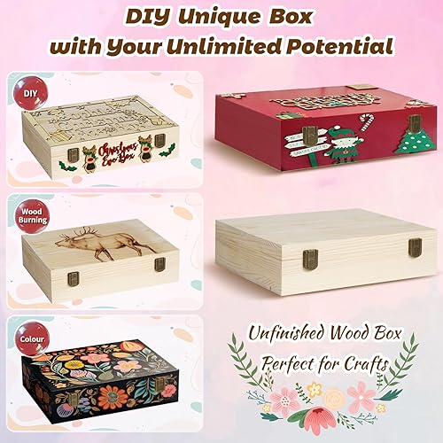 Miniatura 3 de Paquete de 2 cajas de madera sin terminar con tapa, pequeñas cajas de madera (12 x 9 x 3.1 pulgadas), caja de madera de pino natural para