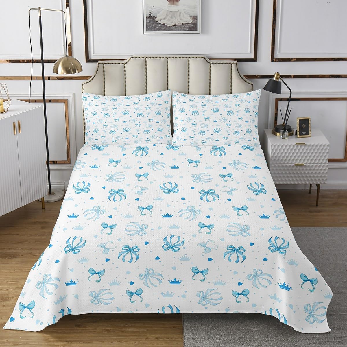 Teal Bow Bedspread Set Queen Size for Kids,Boys Girls Crown Love Quilt Set Princess Coverlet Bowknot Bedspread 3 Piece Decorative Bedding Quilted with 2 Pillow Shams