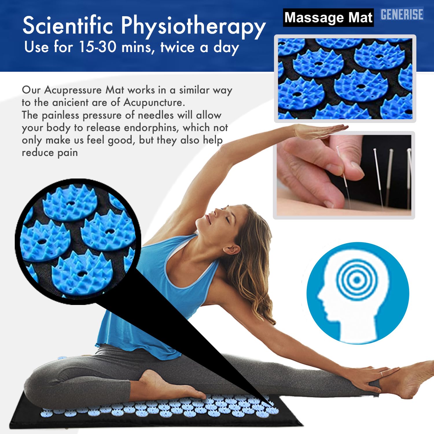 Generise Tapis d'acupression et oreiller pour homme et femme – Soulagement des douleurs dorsales, cervicales et musculaires – Comprend un sac de voyage avec sangle réglable (noir avec pointes bleues)