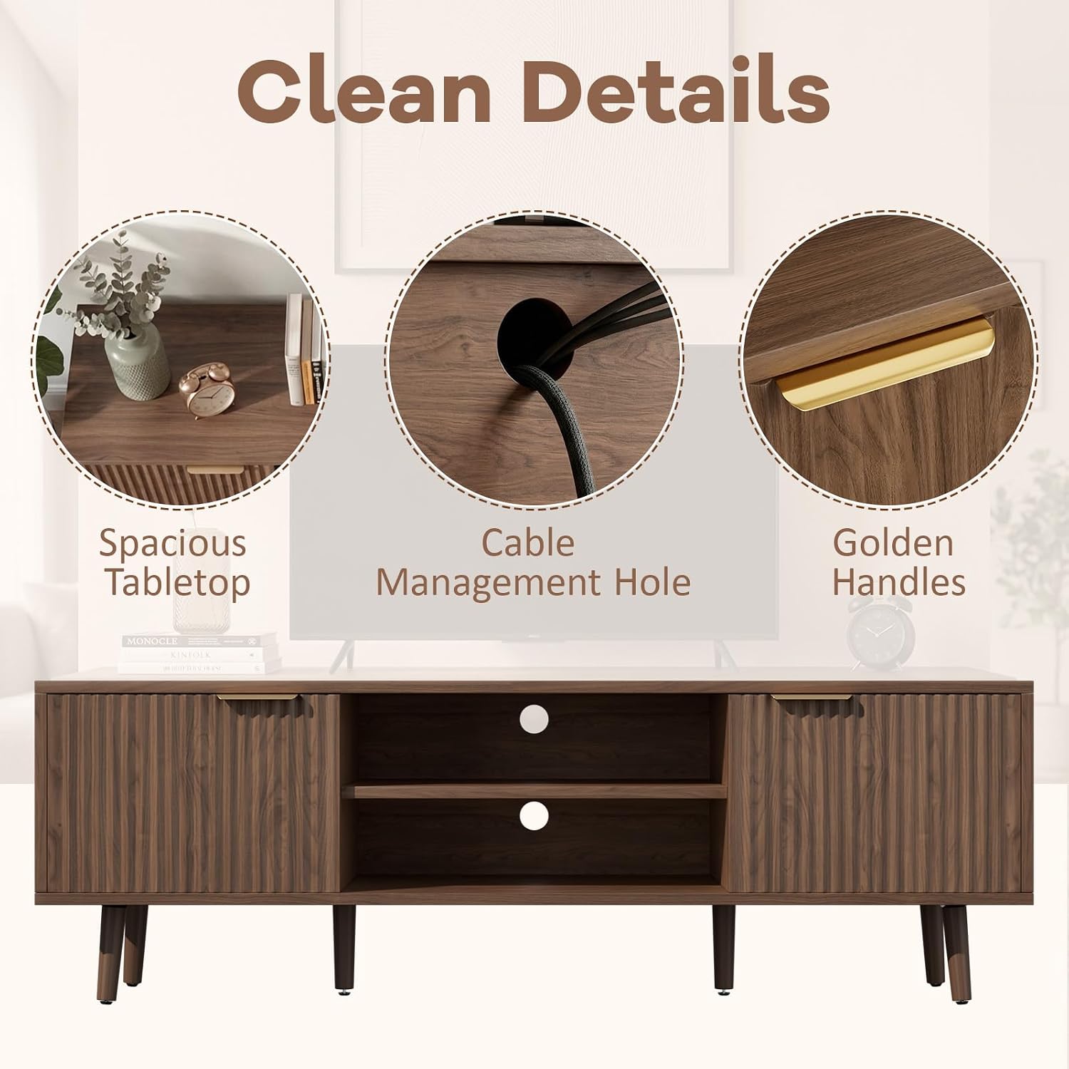58" TV Stand for TVs up to 65 Inches, Mid Century Modern TV Console with Fluted Doors, Adjustable Shelf & Cable Management, Wooden Entertainment Center for Living Room, Bedroom (Walnut)