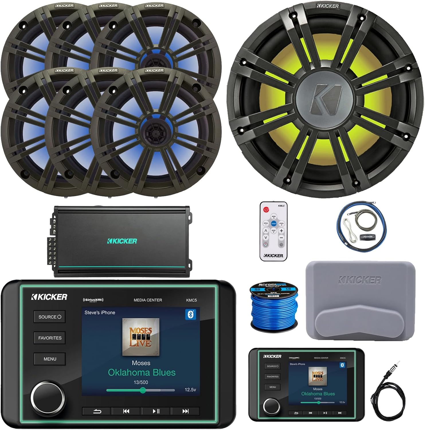 Kicker KMC5 Marine Bluetooth USB/AUX AM/FM Gauge Style Receiver W/Controller, 6X 6.5 RGB LED Speakers W/Charcoal Grilles + LED Controller, 10" Subwoofer W/Charcoal Grilles, Amp W/Kit, Antenna, Wire
