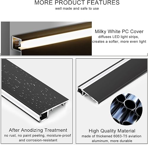 Miniatura 2 de JARBIH Paquete de 10 zócalos de aluminio de 1.64 pies  19.7 in, línea de zócalo de 3.071 x 0.472 in, sistema de canal LED, tira de luz de barra