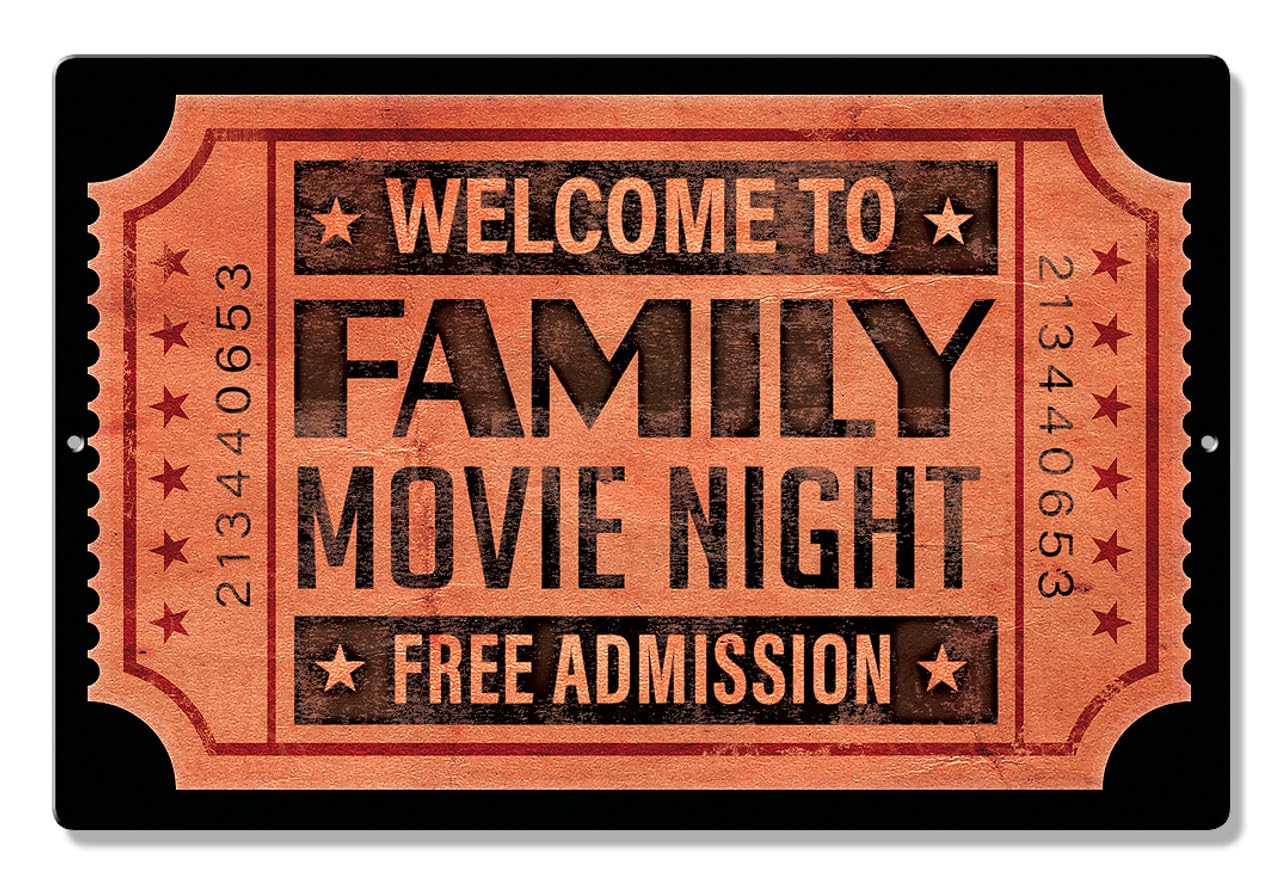 Panneau aluminium Family Movie Night plaque vintage métal cinéma américain
