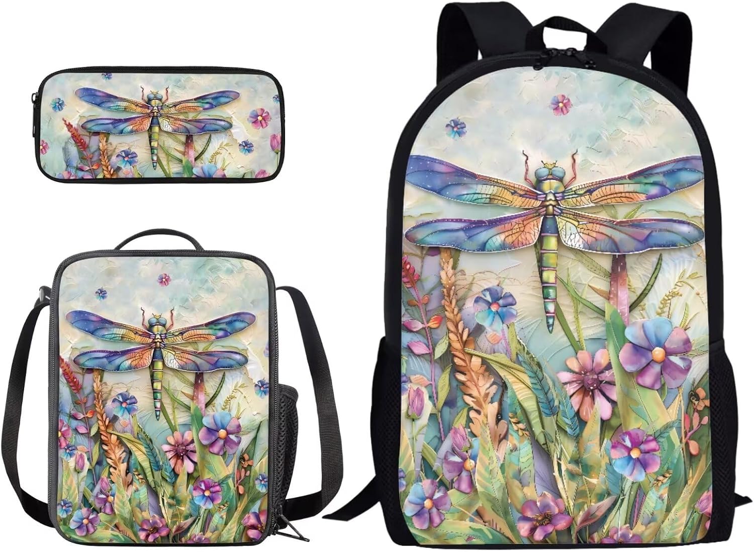 Xoenoiee Colorful Dragonfly and Flower Print 3 Pcs Kids BookBag+Lunch Box+Pencil Bag for Primary/Middle School Bag Backpack Set for Boys Girls