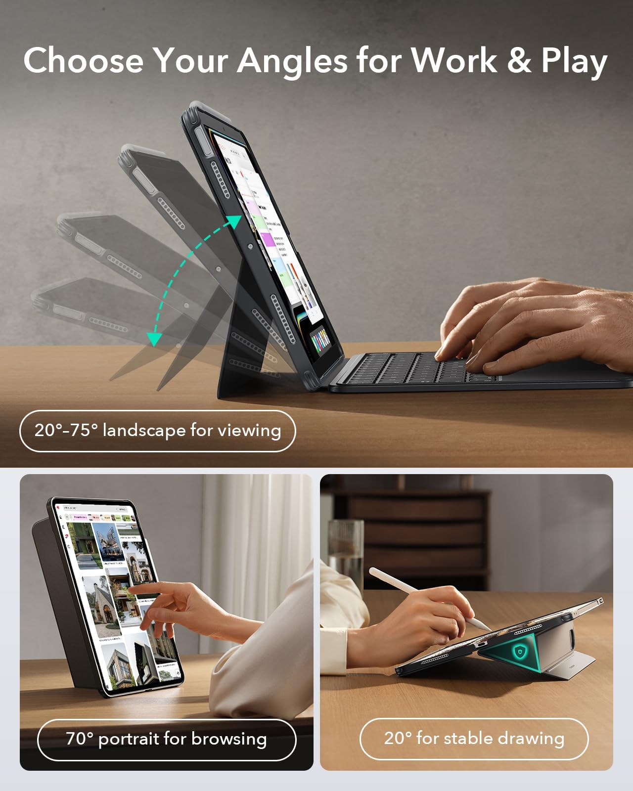 ESR Hülle mit Tastatur für iPad Air 11" (M4/M3/M2) & 10,9" (5/4. Gen) – Magnetisch abnehmbare Keyboard, Hoch- und Querformat, großes Click-Anywhere-Trackpad, Backlit Tasten, Shift Serie, Dunkelgrau