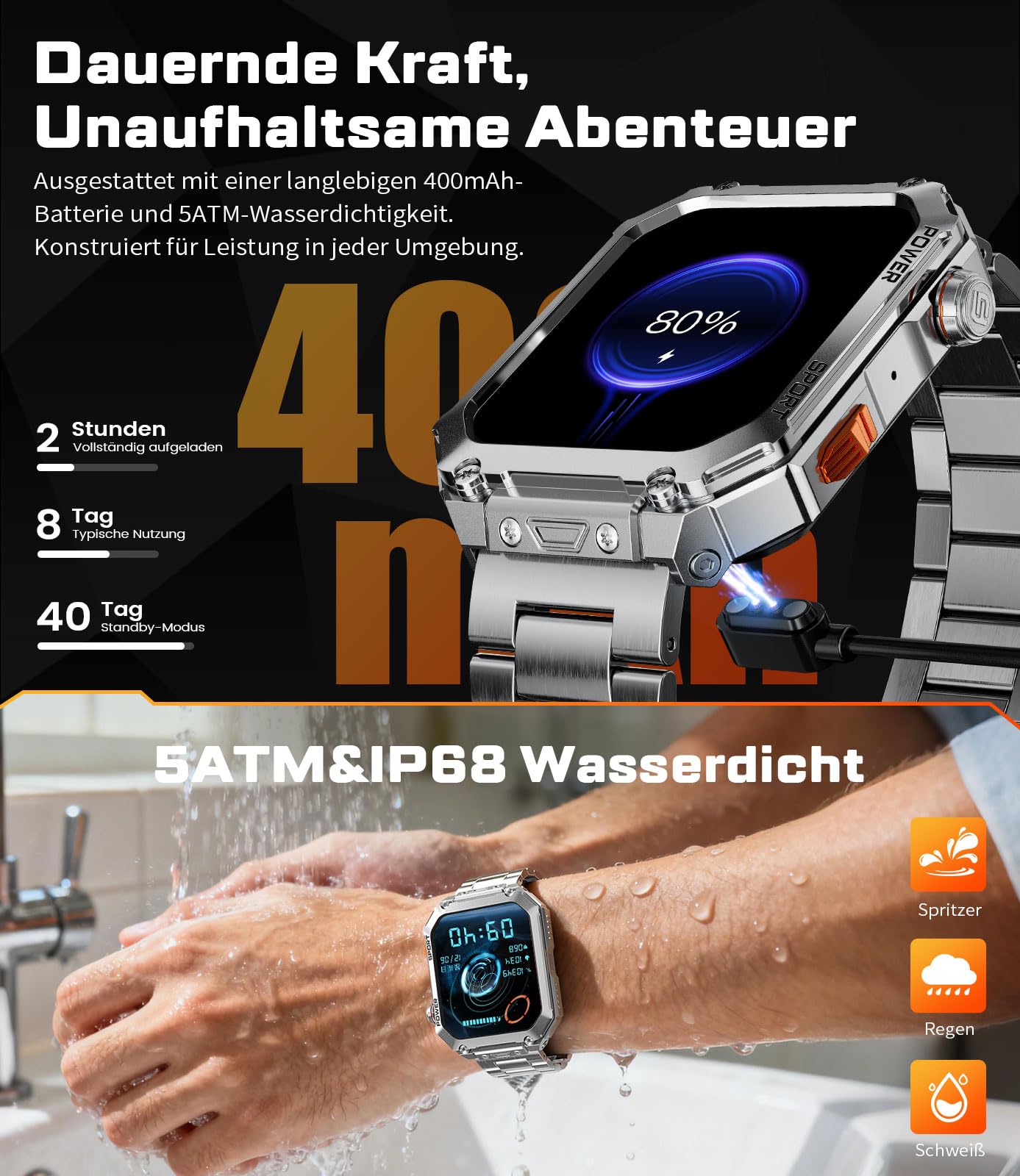 ESFOE Montre Connectée Homme,1,96" Militaire Smartwatch avec Appel Bluetooth 3 Bracelets 100+ Modes Sportifs 5ATM Étanche Fréquence Cardiaque Podomètre Fitness Tracker iOS Android Argent Métallisé