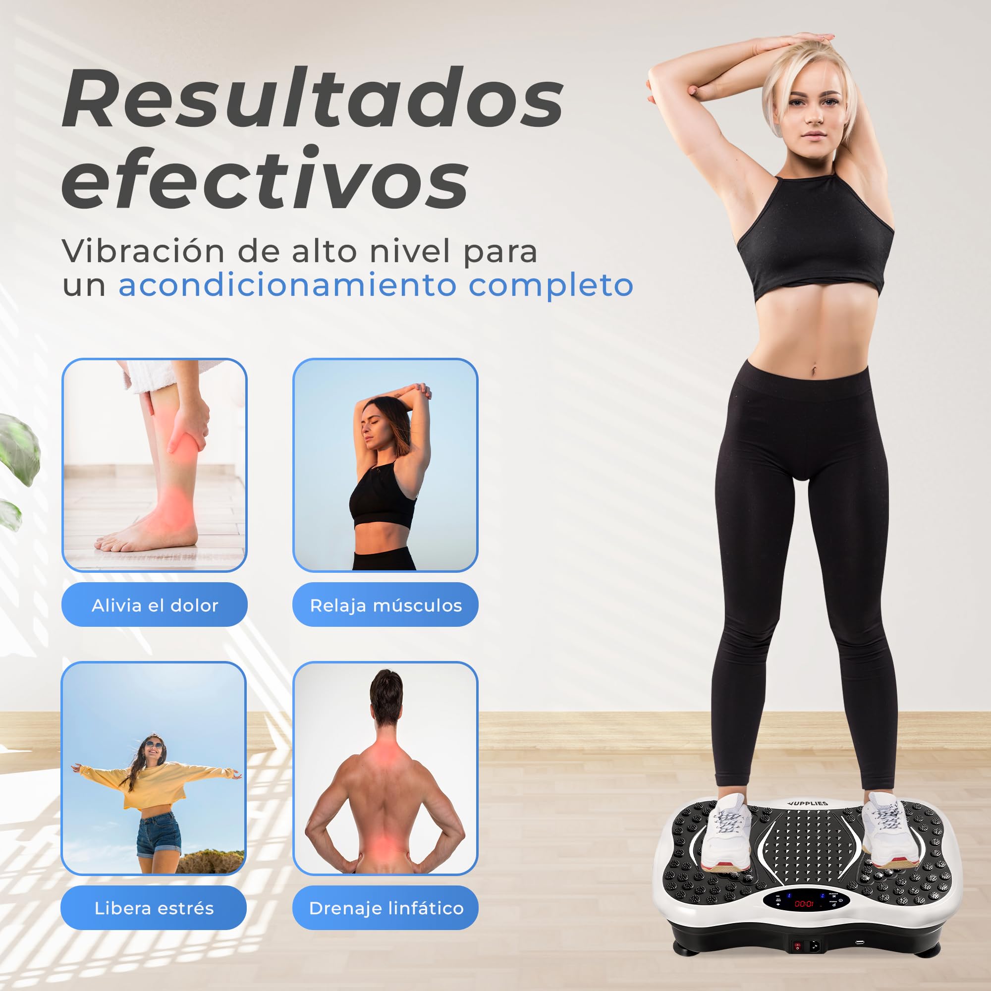 JUPPLIES Plataforma Vibratoria 200W - 5 Modos, 99 Velocidades, Bluetooth, Mando y 5 Bandas Elásticas - Plataforma Vibración Muscular para Adelgazar y Tonificar