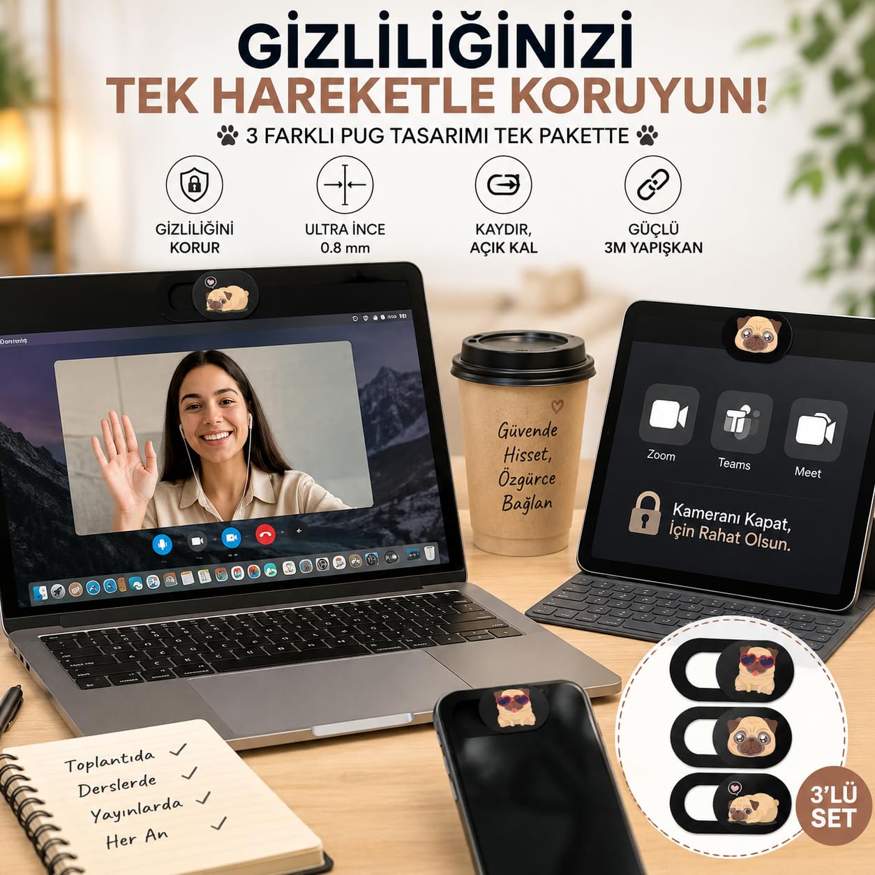 McStorey Kamera Kapatıcı 3'lü Set, Pug Köpek Desenli Ultra İnce 0.8 mm Sürgülü Webcam Cover, Güçlü 3M Yapışkanlı Laptop Tablet Telefon MacBook iPad Uyumlu Kamera Gizlilik Kapağı