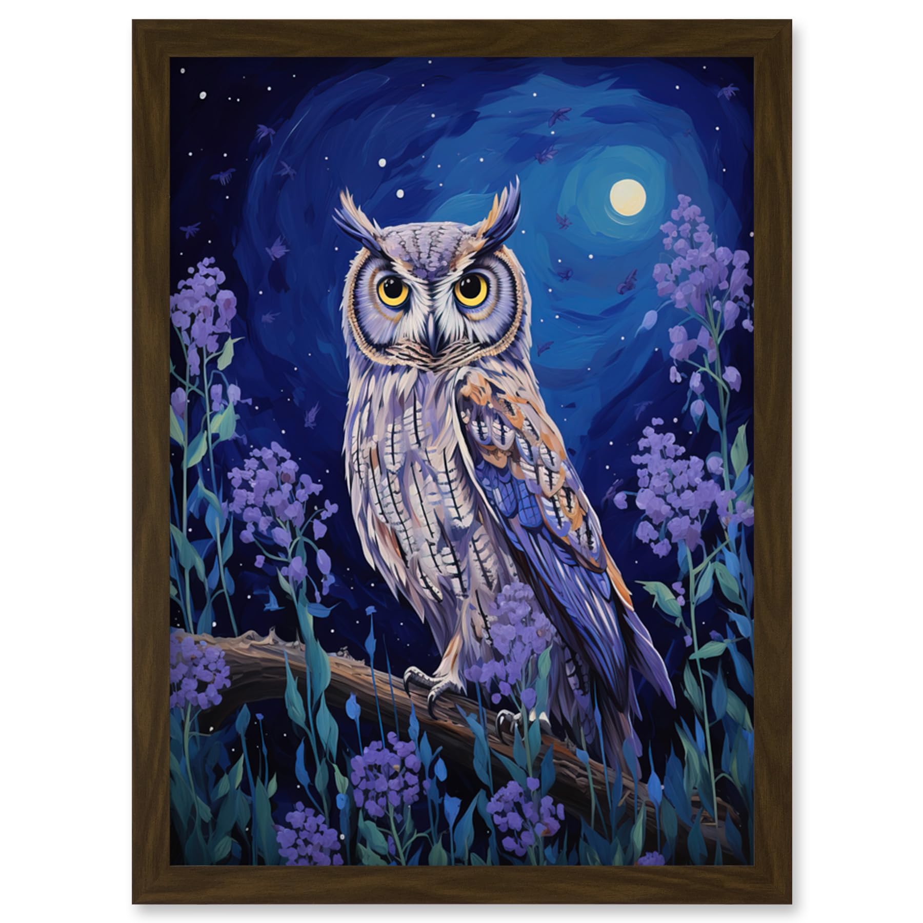 Great Horned Owl Print - Lavender Field Oil Painting - Blue Purple Full Moon Night - Countryside Artwork - Framed A4